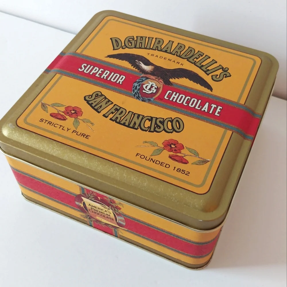 Vintage Ghirardelli's Chocolate Tin Square Gold Green Red 1993
